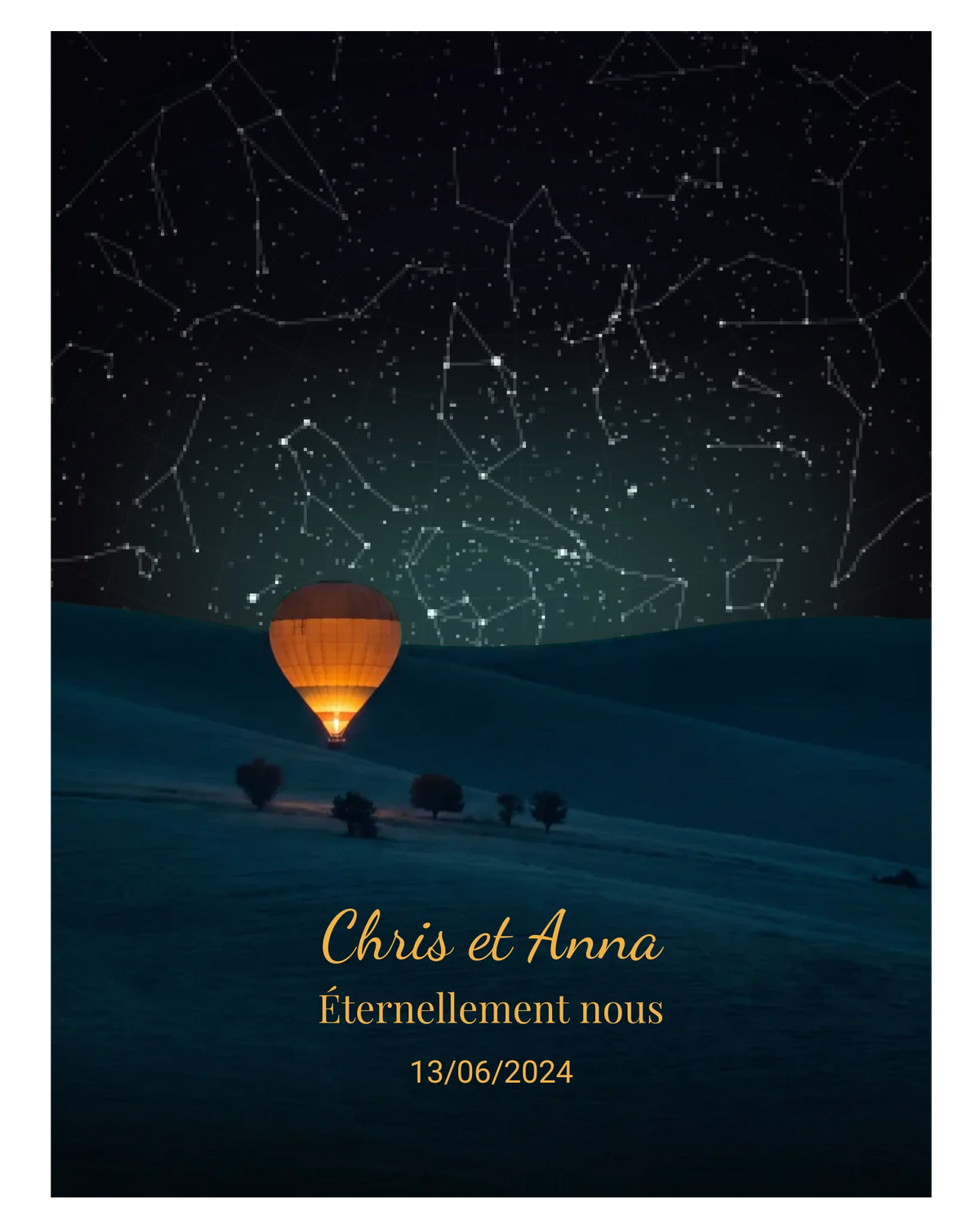 Carte du ciel étoilé campagne et montgolfière personnalisée à votre date
