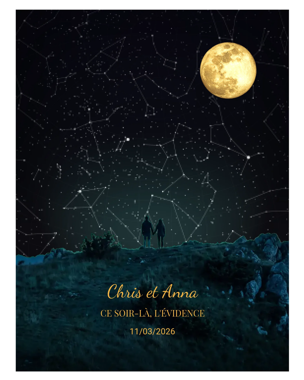 Carte du ciel étoilé avec lune personnalisée à votre date couple sur une crête