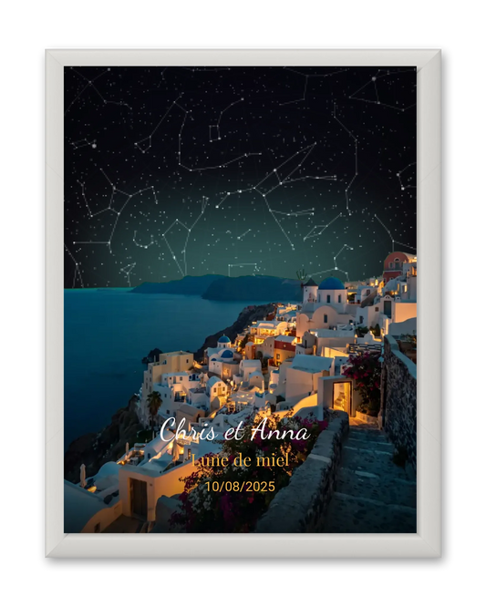 Carte du ciel  étoilé Santorin personnalisée à votre date