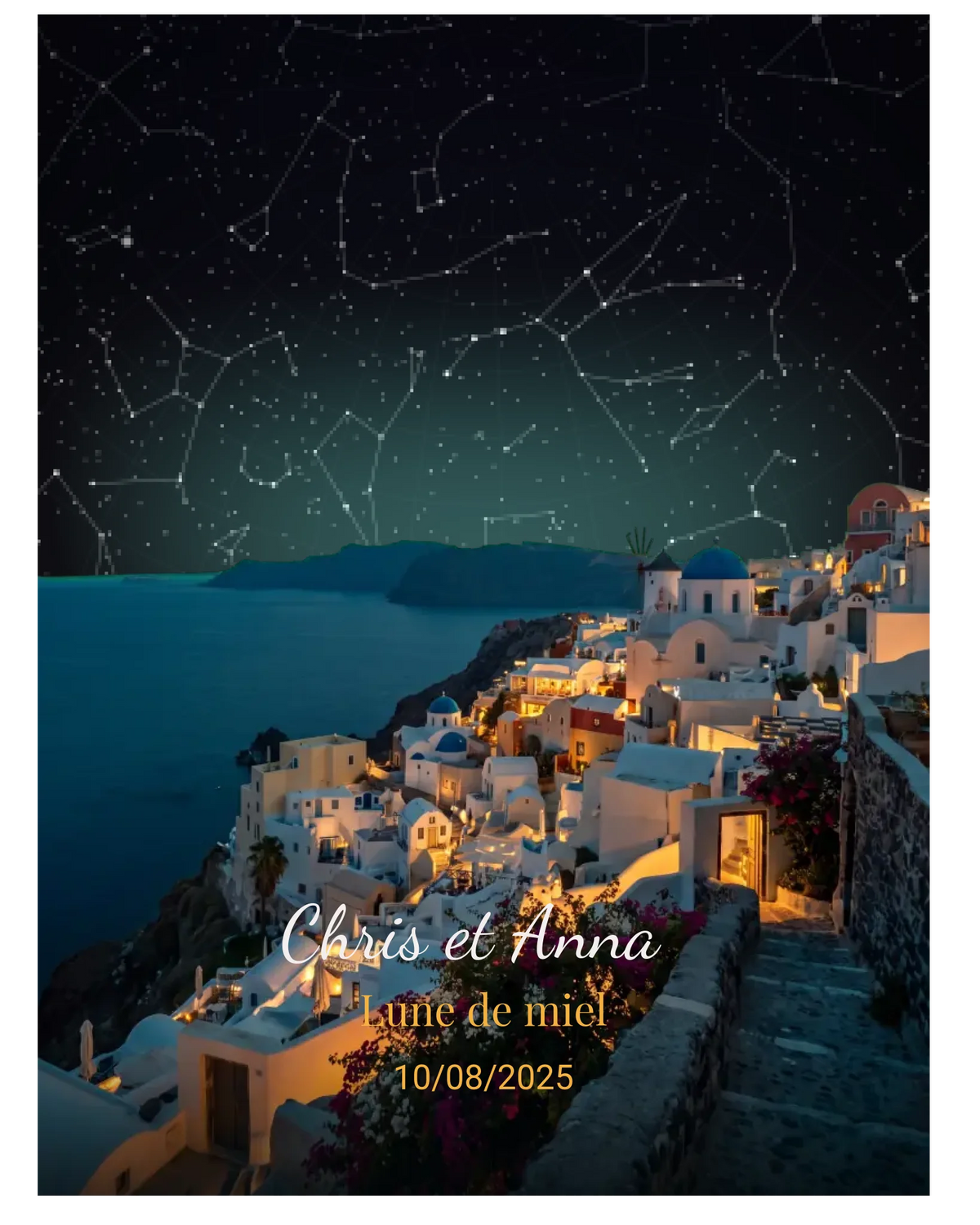 Carte du ciel  étoilé Santorin personnalisée à votre date