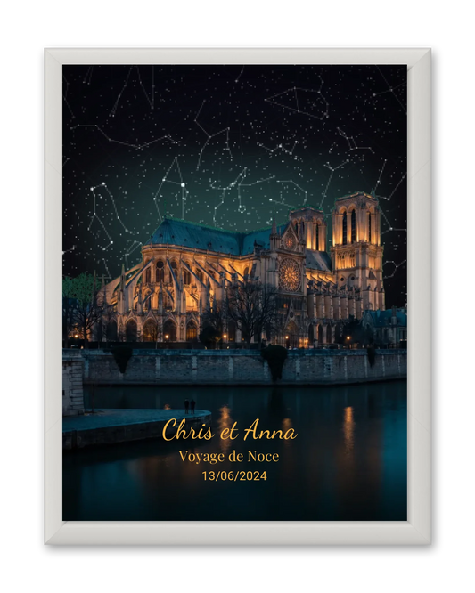Carte du ciel  étoilé Paris Notre Dame personnalisée à votre date