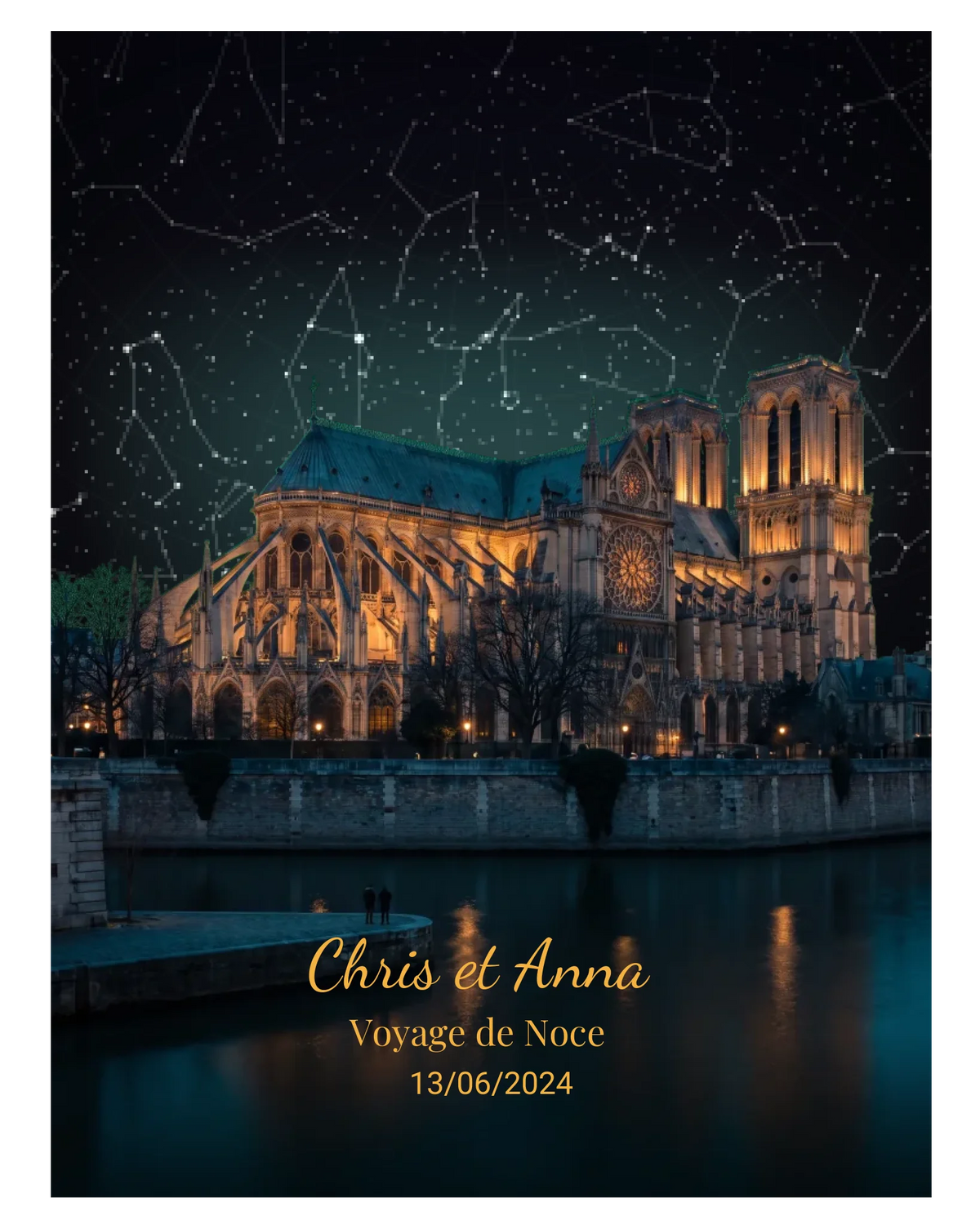 Carte du ciel étoilé Paris Notre Dame personnalisée à votre date