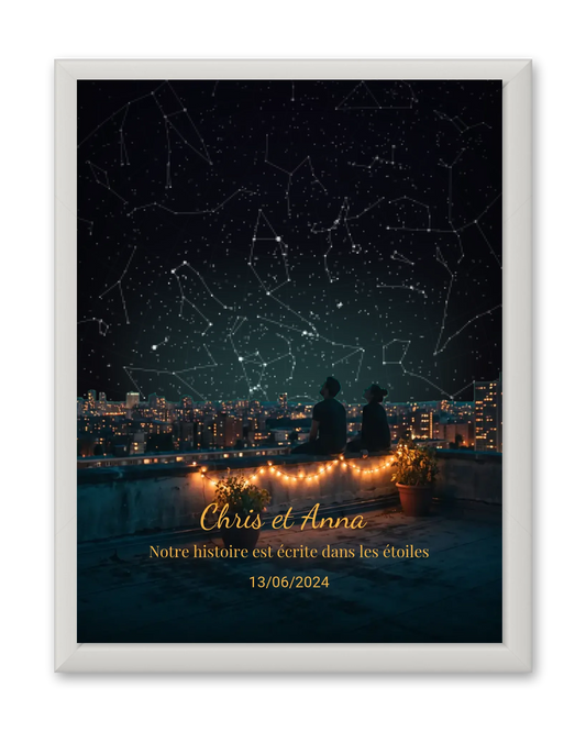 Carte du ciel  étoilé vue d'un rooftop personnalisée à votre date