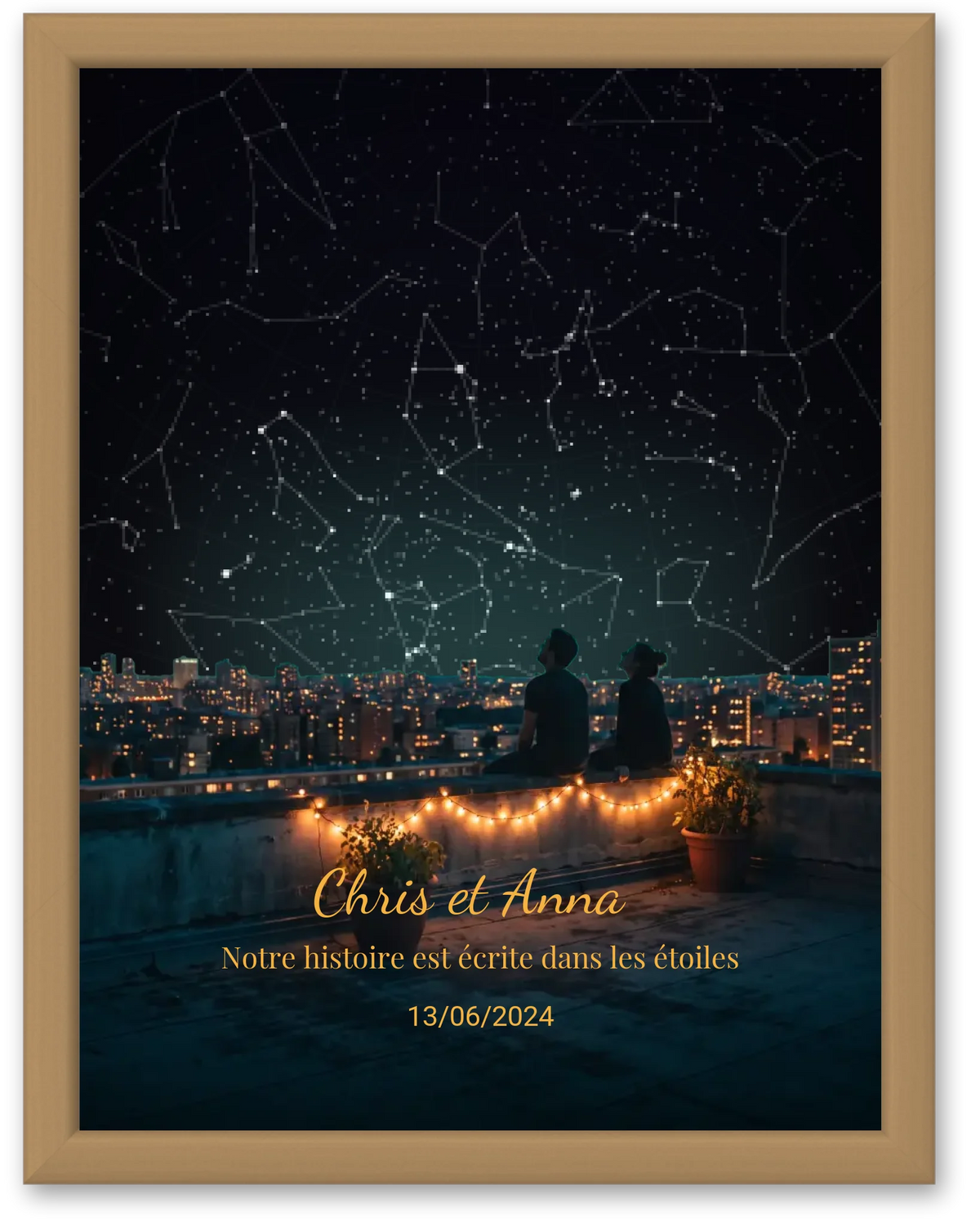 Carte du ciel  étoilé vue d'un rooftop personnalisée à votre date
