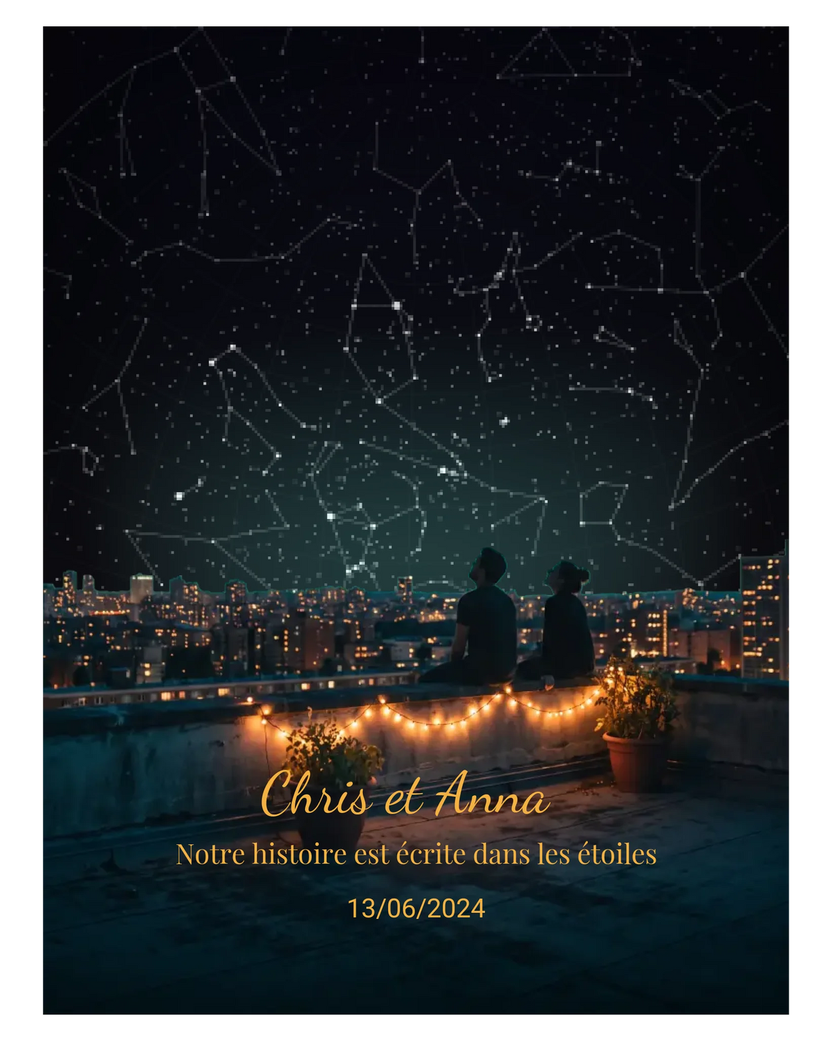 Carte du ciel  étoilé vue d'un rooftop personnalisée à votre date