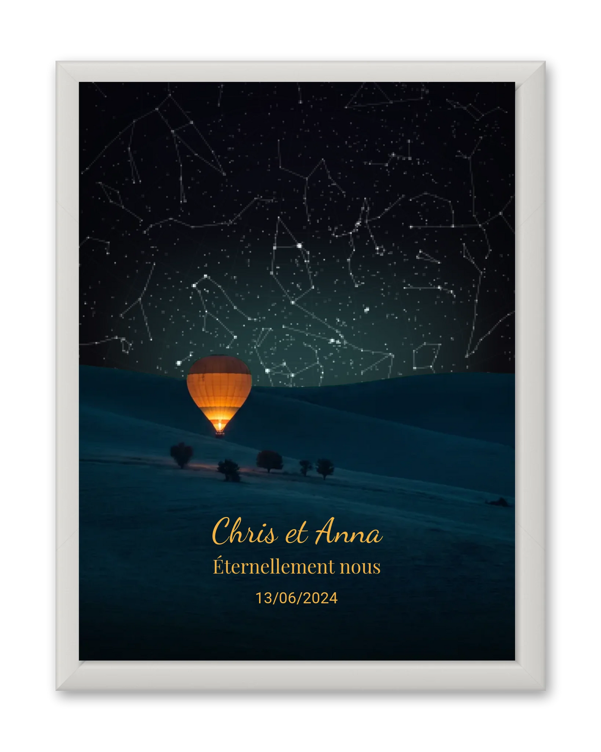 Carte du ciel  étoilé campagne et montgolfière personnalisée à votre date