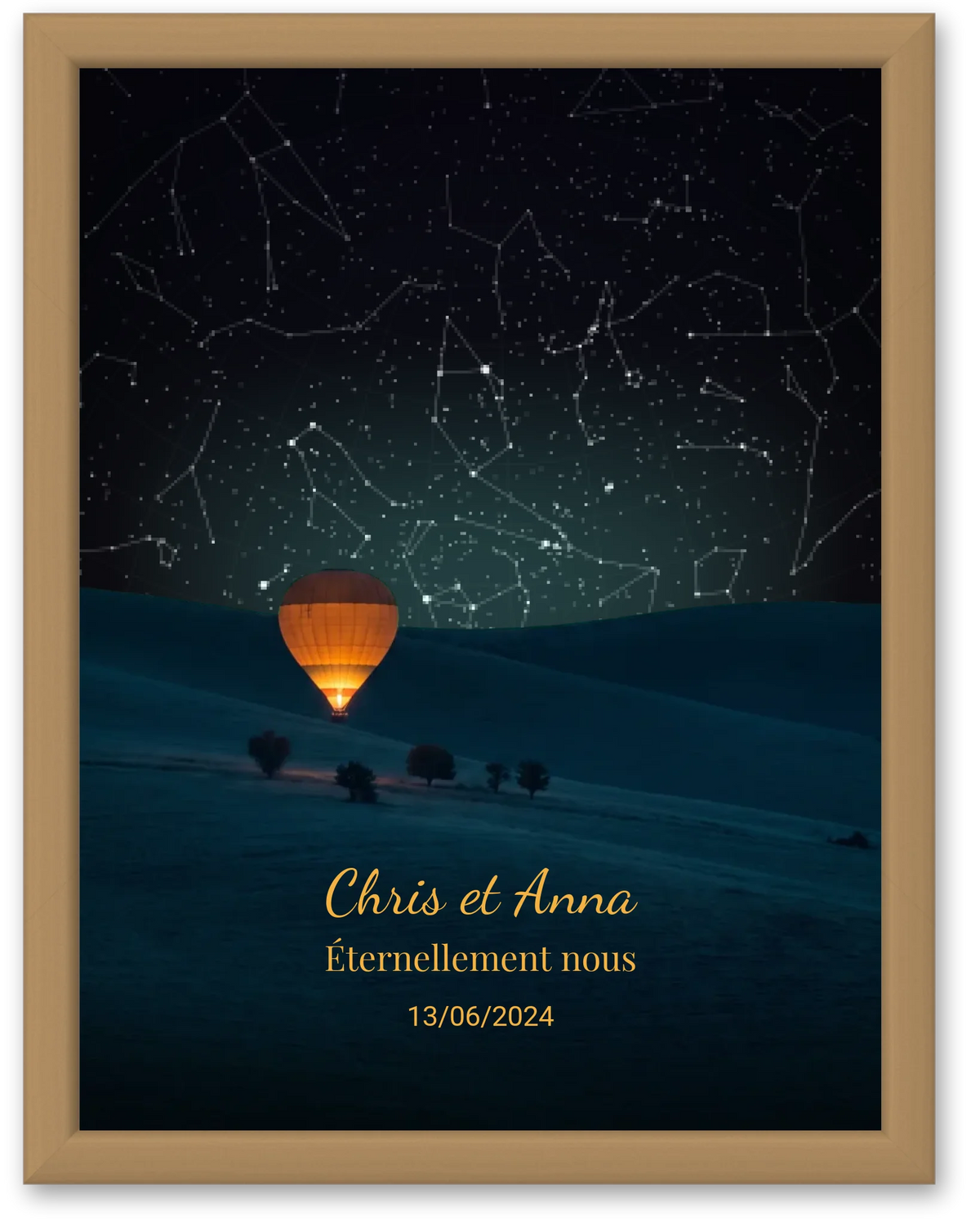 Carte du ciel  étoilé campagne et montgolfière personnalisée à votre date