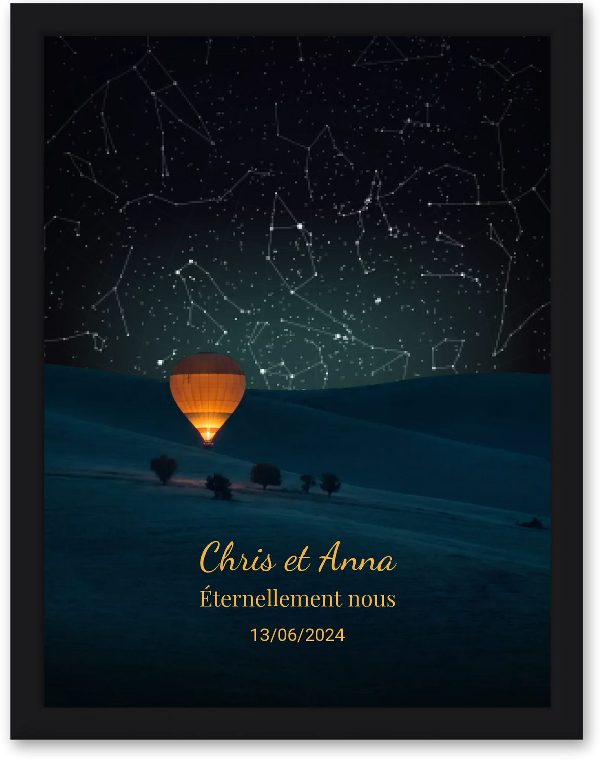 Carte du ciel  étoilé campagne et montgolfière personnalisée à votre date