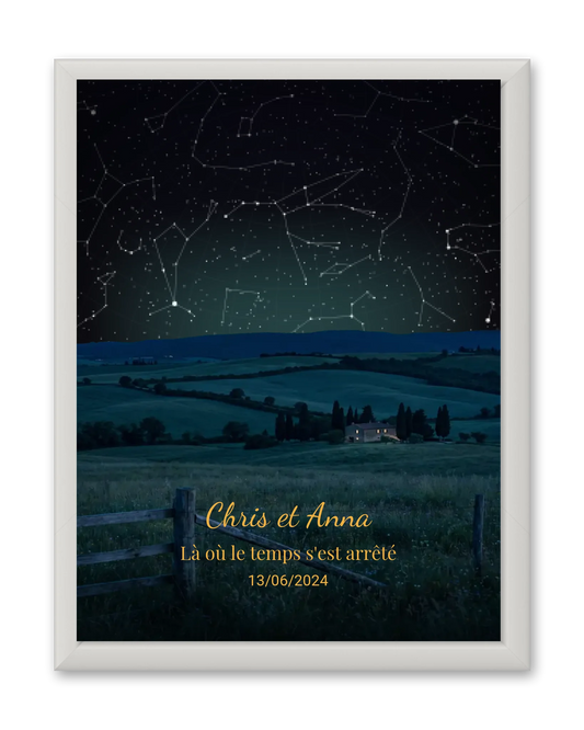 Carte du ciel  étoilé campagne  personnalisée à votre date