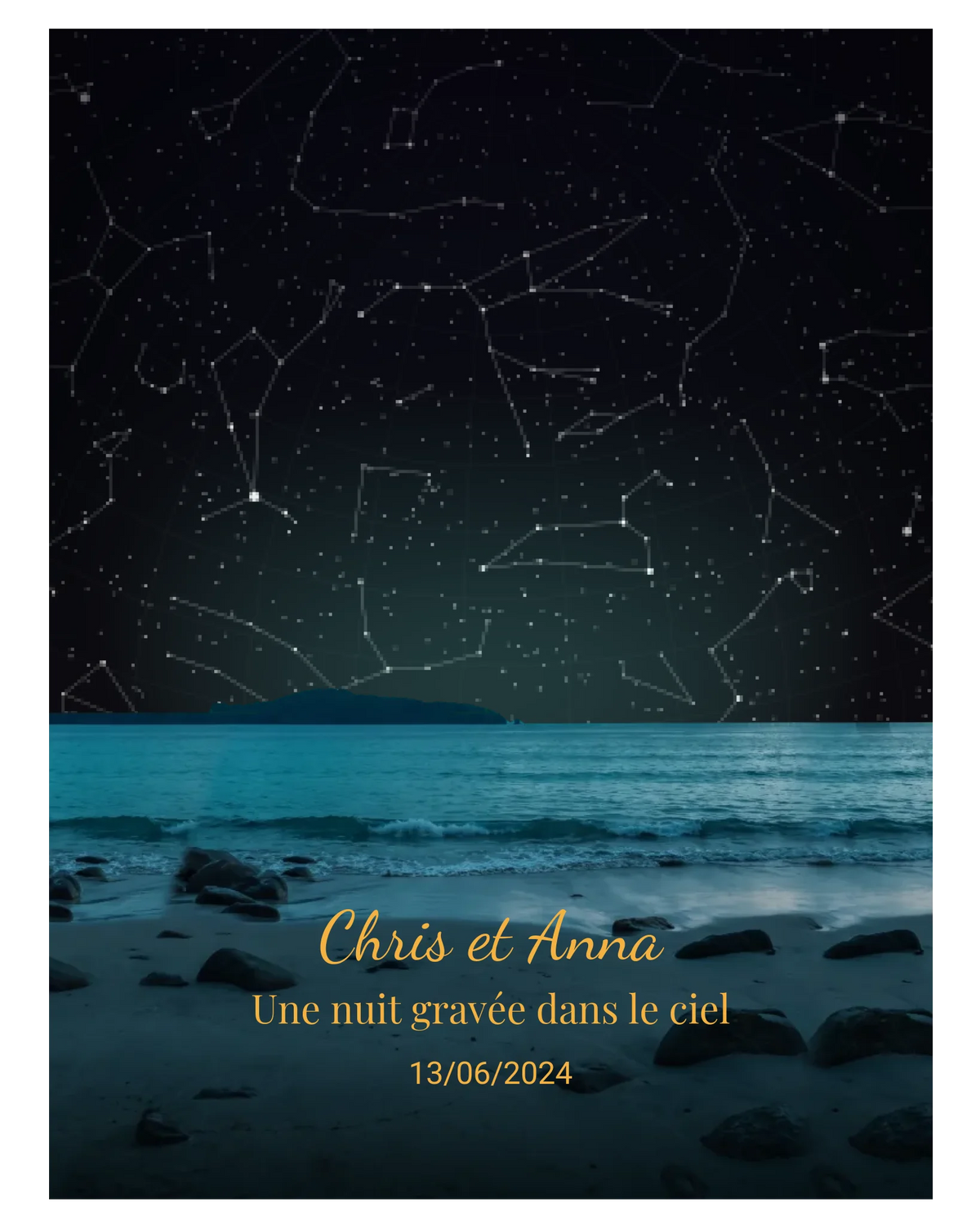 Carte du ciel  étoilé plage  personnalisée à votre date