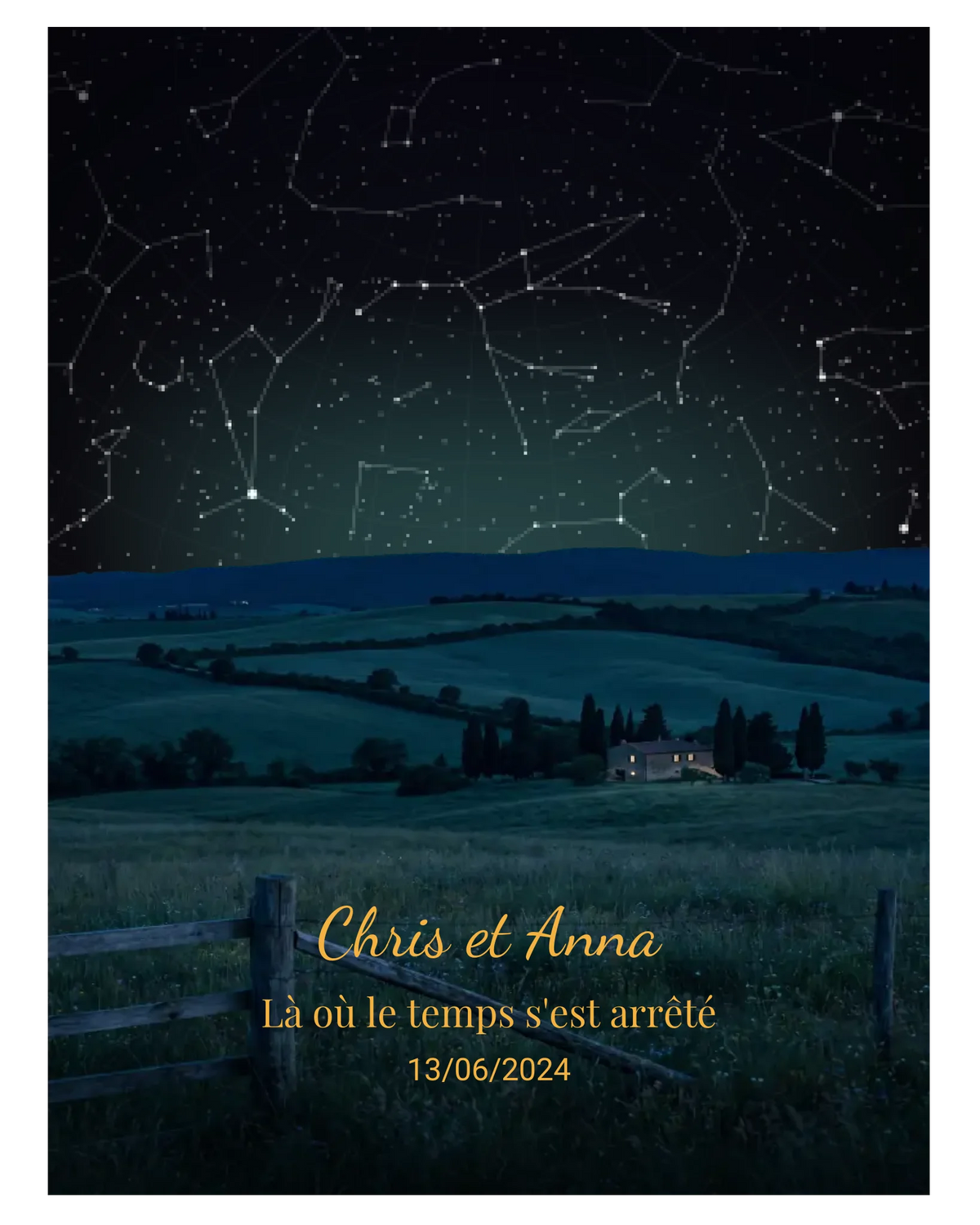 Carte du ciel  étoilé campagne  personnalisée à votre date