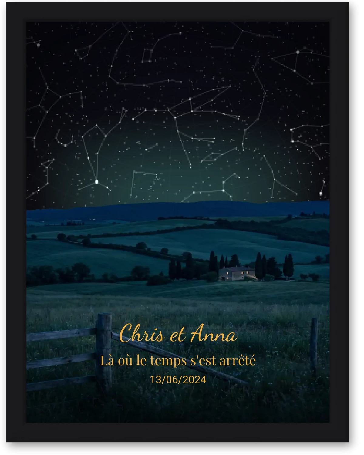 Carte du ciel  étoilé campagne  personnalisée à votre date