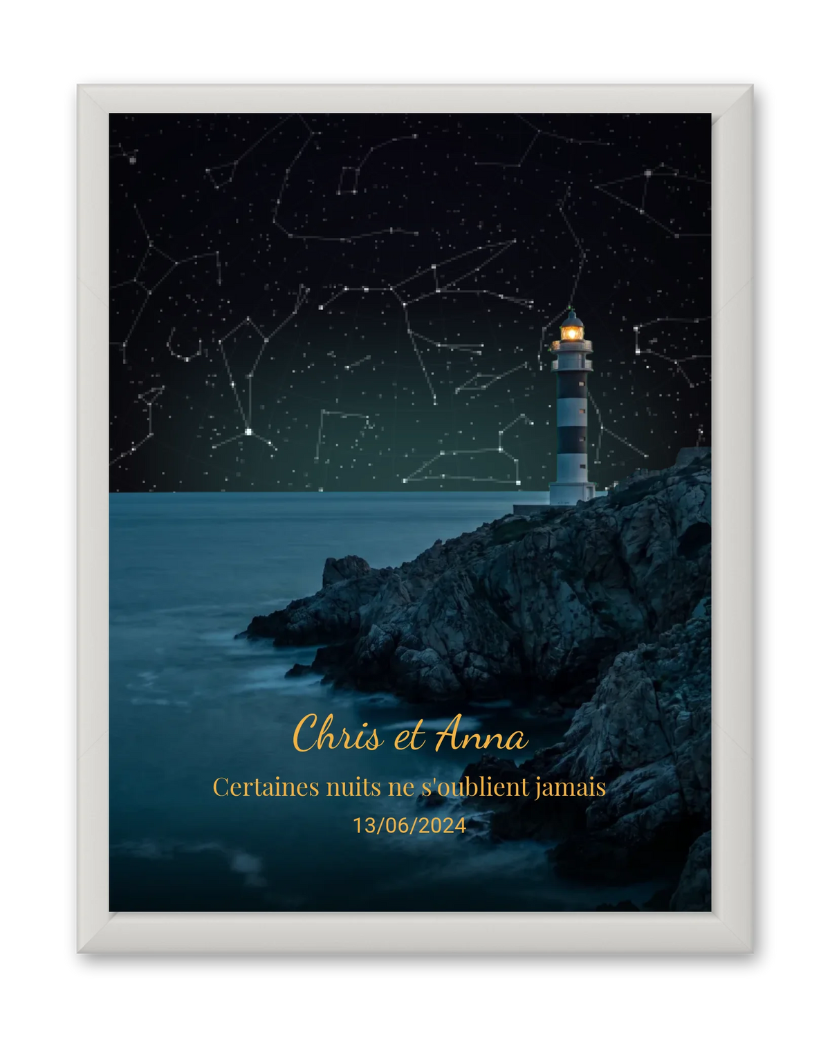 Carte du ciel  étoilé côte paysage phare personnalisée à votre date