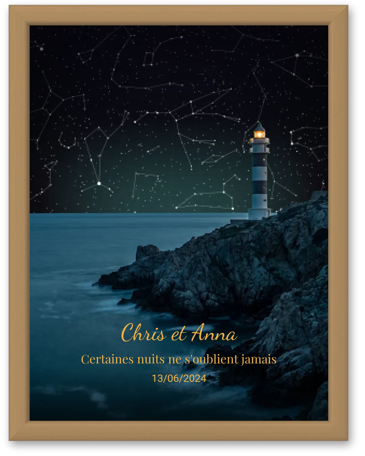 Carte du ciel  étoilé côte paysage phare personnalisée à votre date