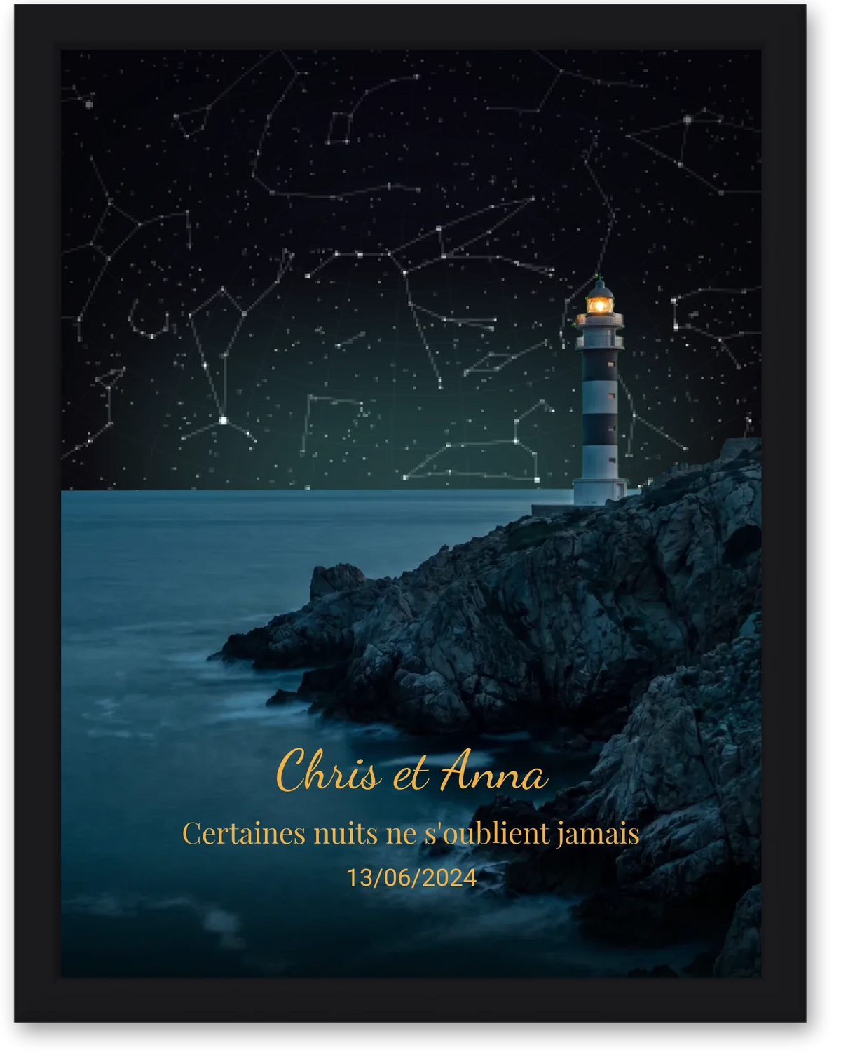 Carte du ciel  étoilé côte paysage phare personnalisée à votre date