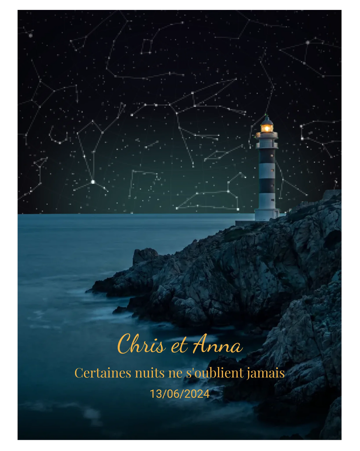 Carte du ciel  étoilé côte paysage phare personnalisée à votre date