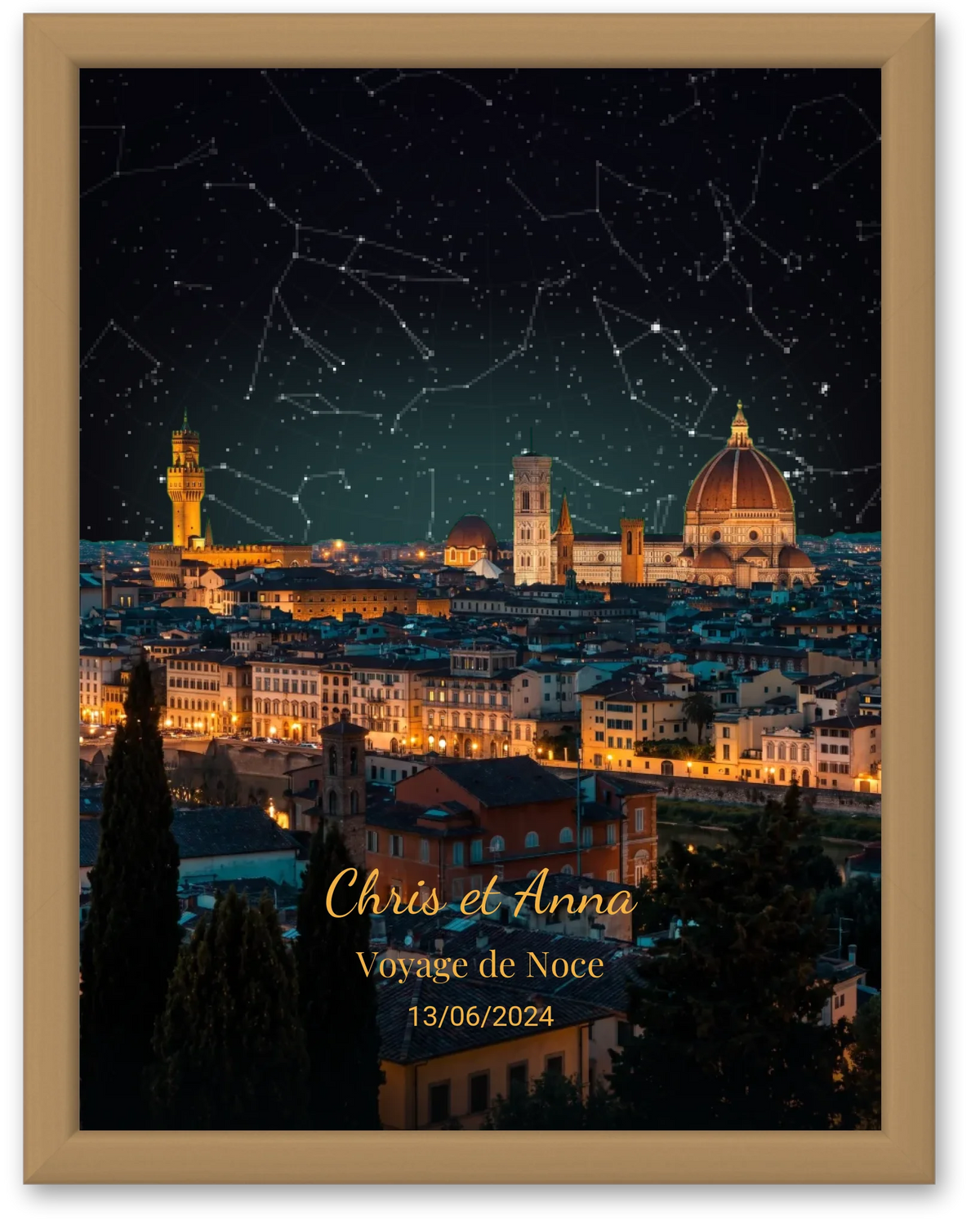 Carte du ciel  étoilé vue de Florence personnalisée à votre date