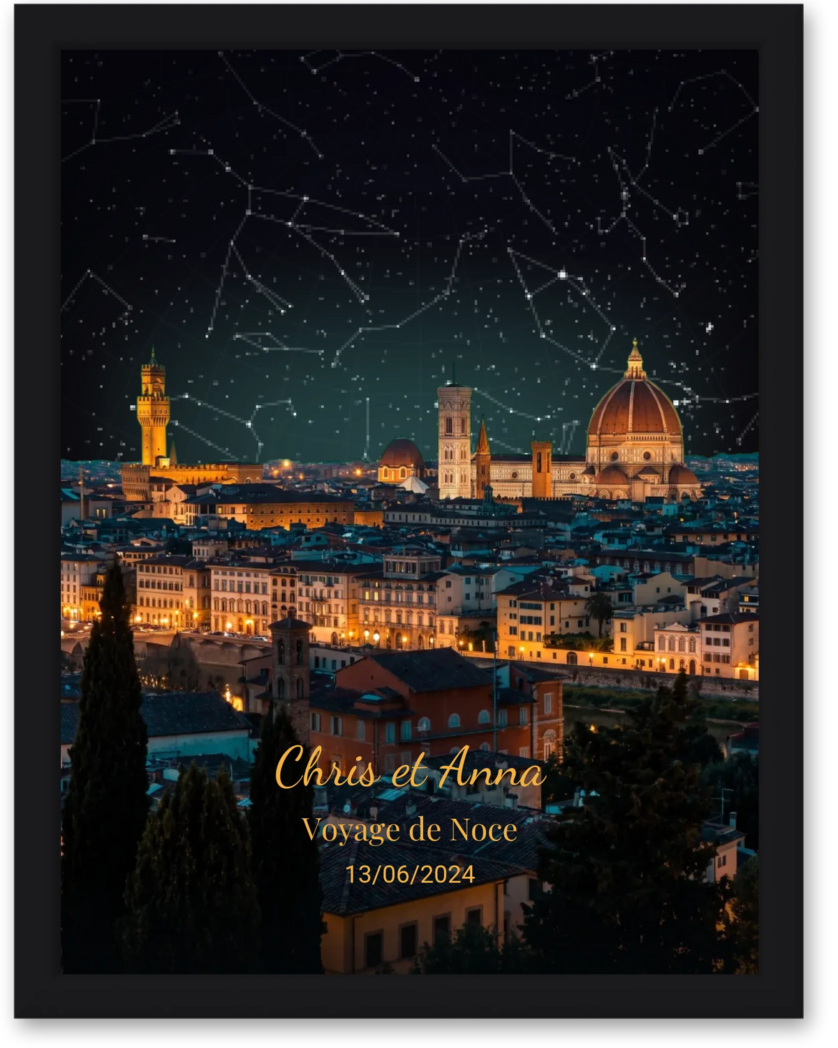 Carte du ciel  étoilé vue de Florence personnalisée à votre date