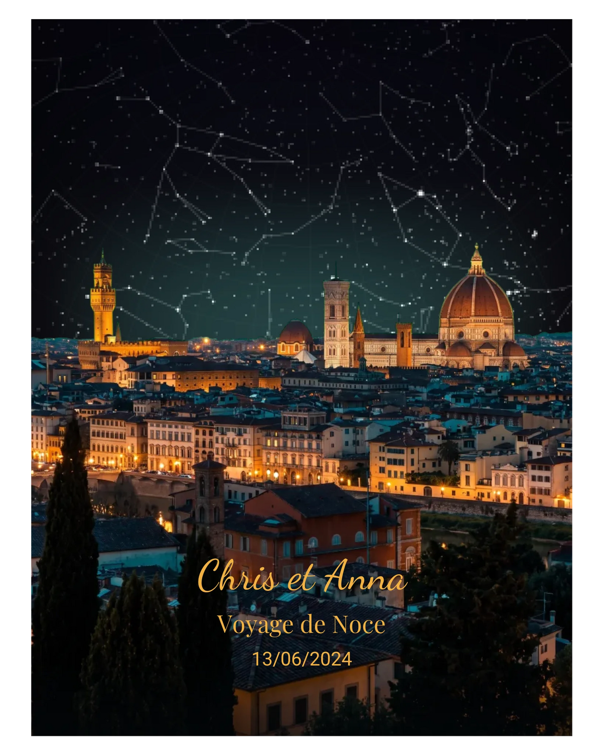 Carte du ciel  étoilé vue de Florence personnalisée à votre date