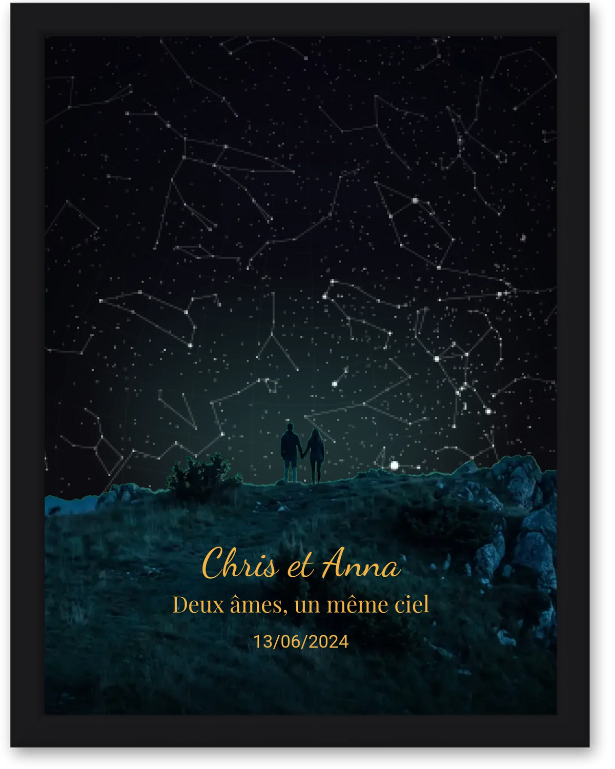 Carte du ciel  étoilé couple sur une crête personnalisée à votre date