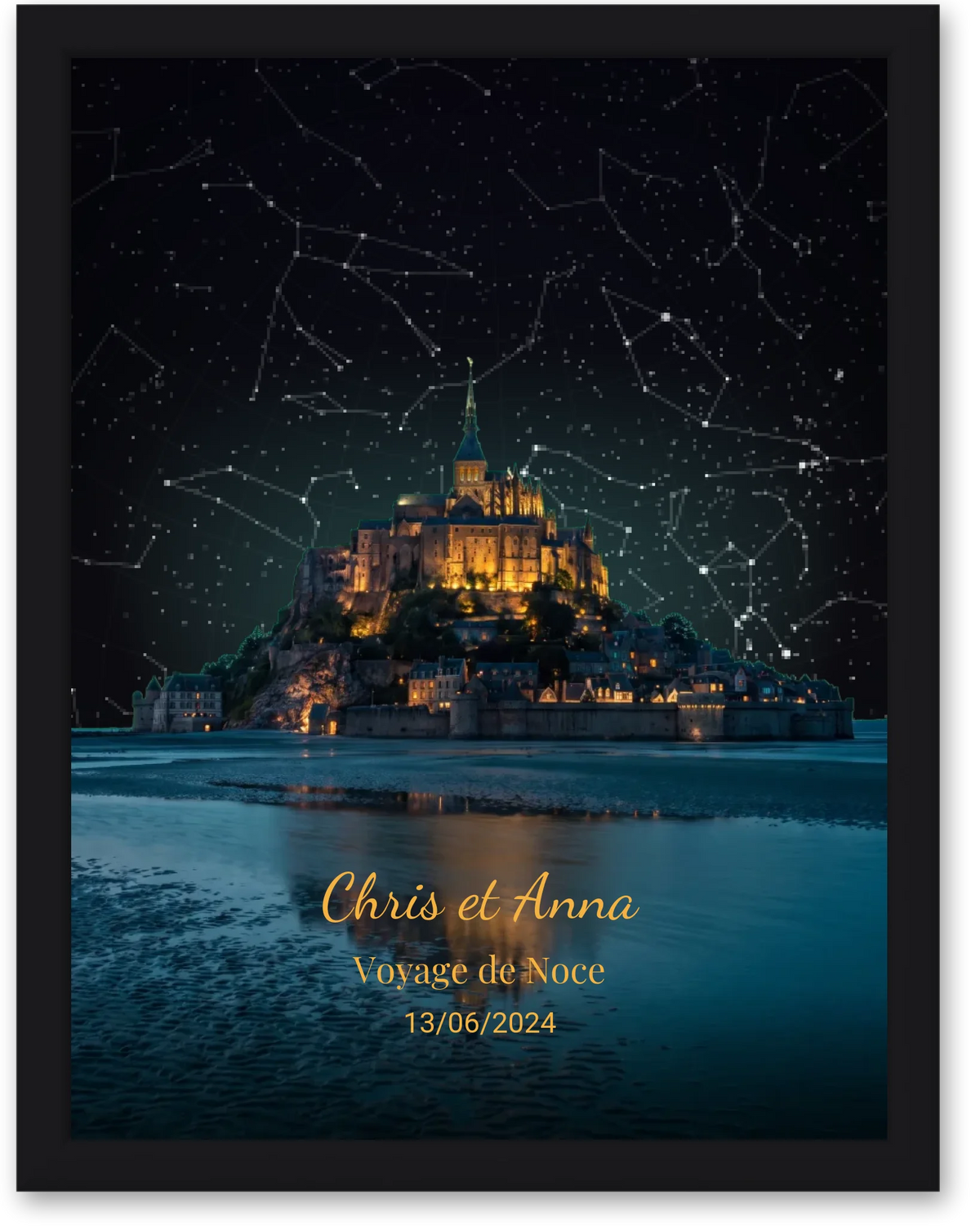 Carte du ciel  étoilé couple au Mont St Michel à votre date