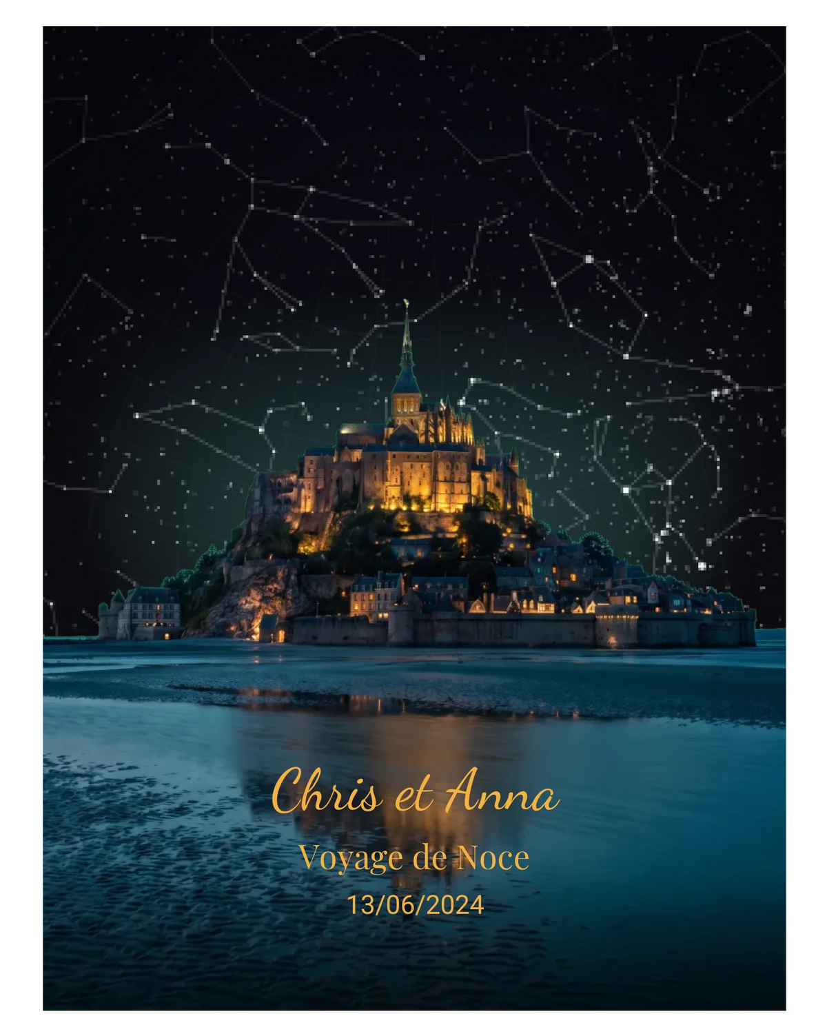 Carte du ciel  étoilé couple au Mont St Michel à votre date
