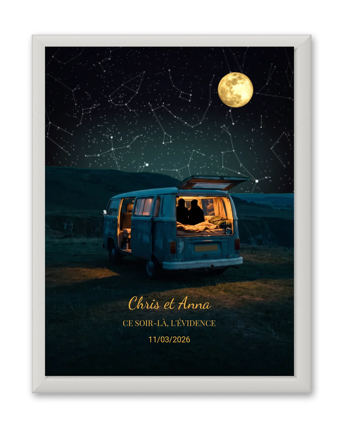 Carte du ciel  étoilé avec lune personnalisée à votre date couple van