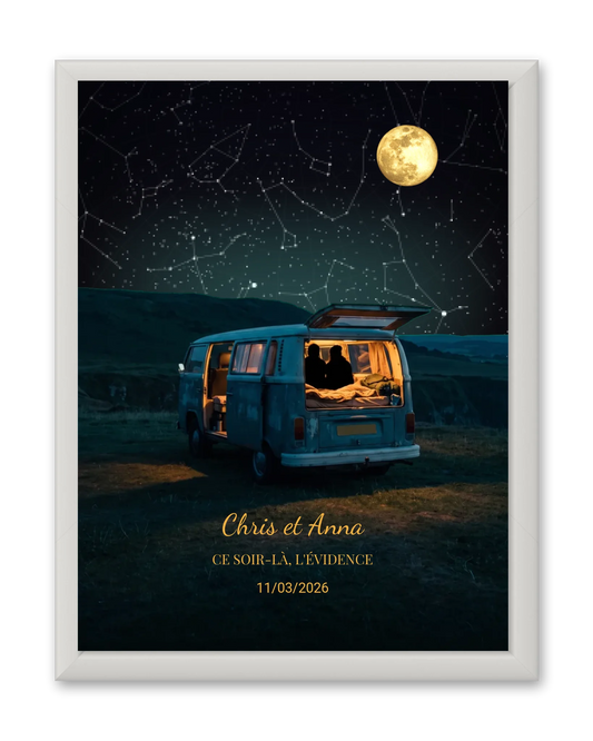 Carte du ciel  étoilé avec lune personnalisée à votre date couple van