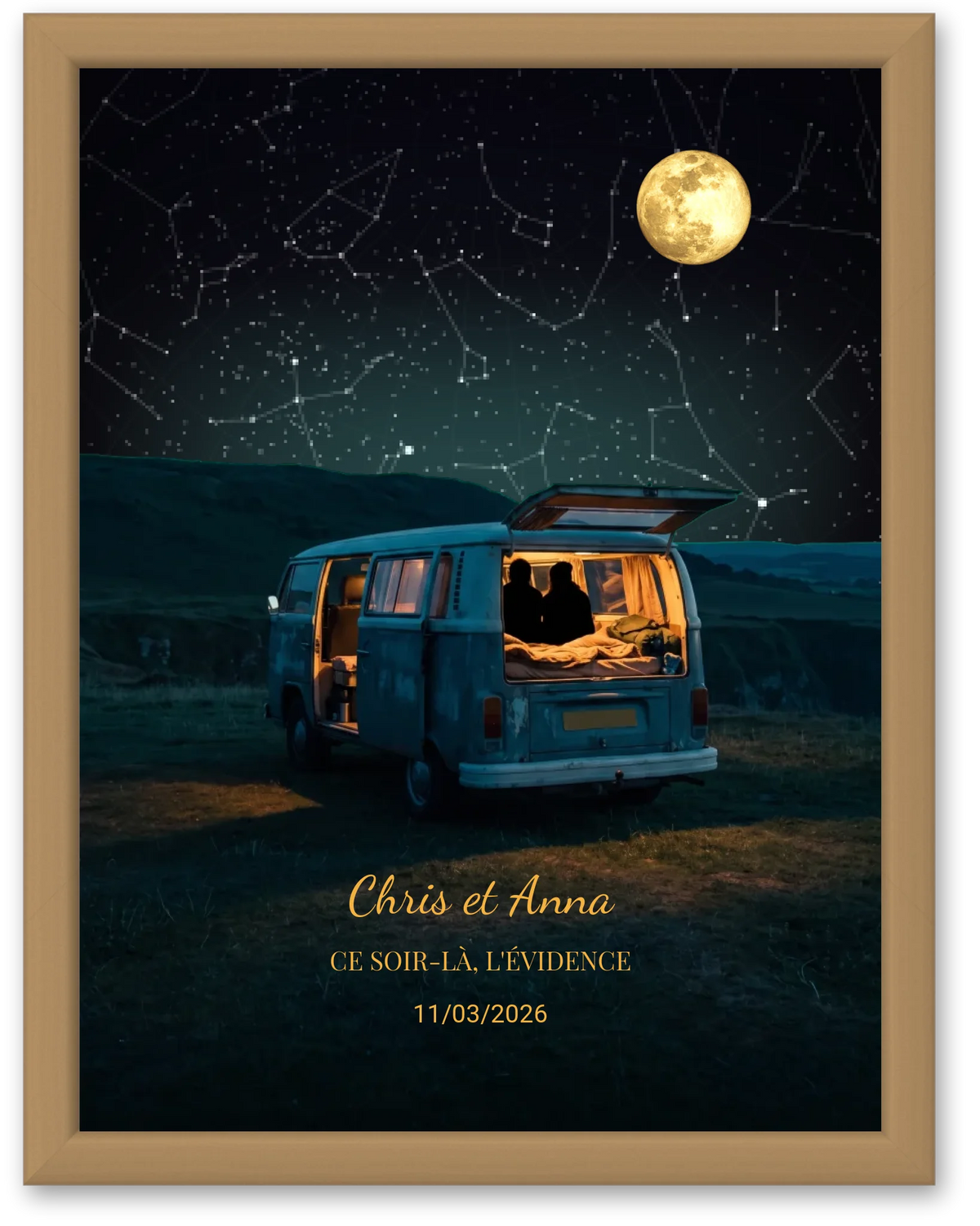 Carte du ciel  étoilé avec lune personnalisée à votre date couple van
