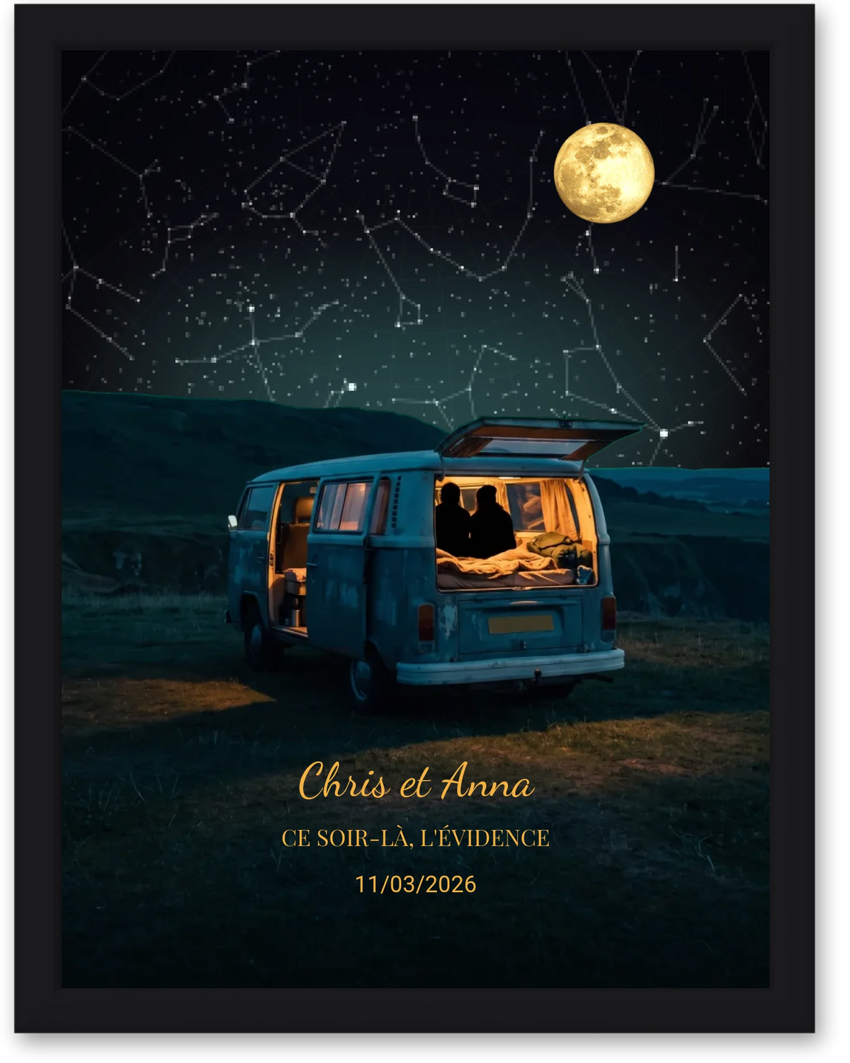 Carte du ciel  étoilé avec lune personnalisée à votre date couple van