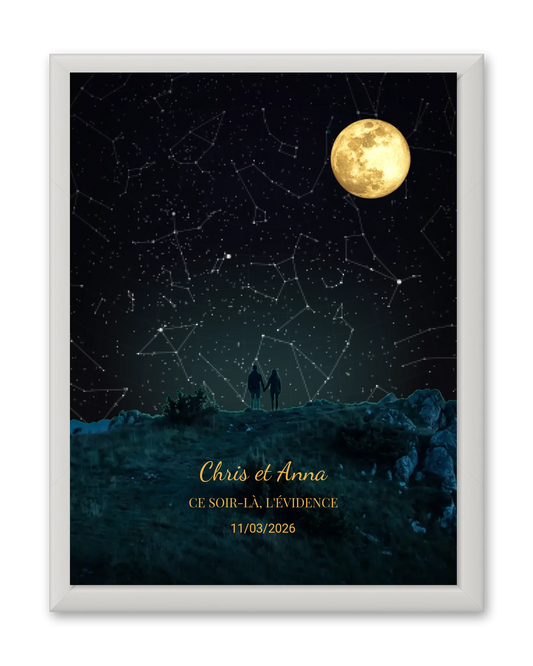 Carte du ciel  étoilé avec lune personnalisée à votre date couple sur une crête