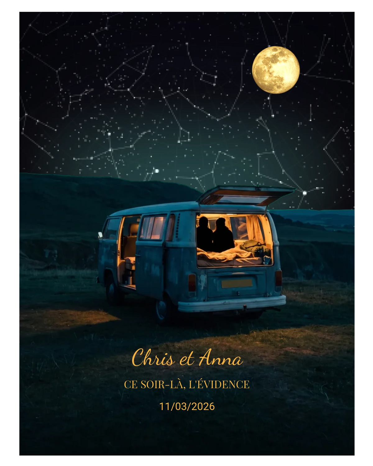 Carte du ciel  étoilé avec lune personnalisée à votre date couple van