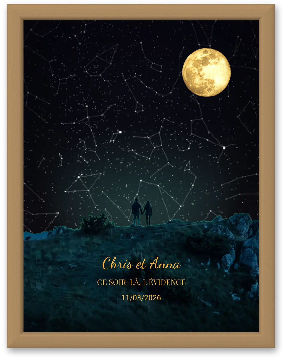 Carte du ciel  étoilé avec lune personnalisée à votre date couple sur une crête
