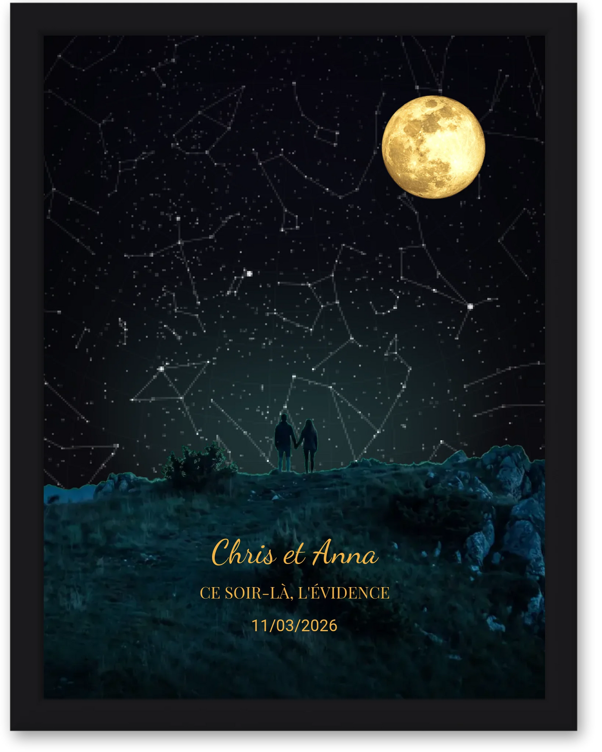 Carte du ciel  étoilé avec lune personnalisée à votre date couple sur une crête