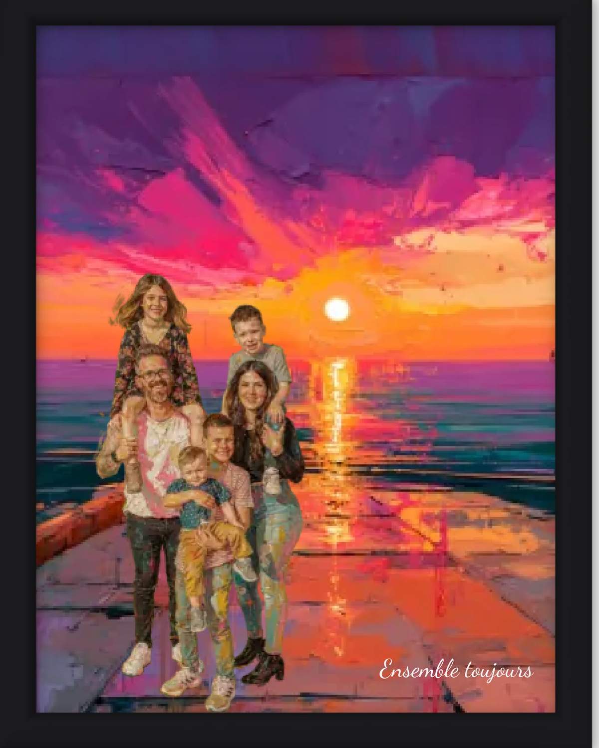 Affiche personnalisée - Votre photo famille en illustration couché de soleil au bord de mer