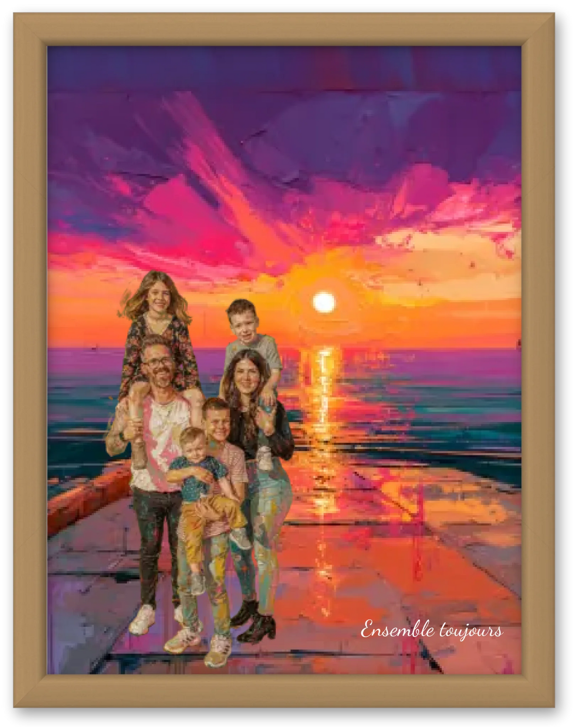 Affiche personnalisée - Votre photo famille en illustration couché de soleil au bord de mer