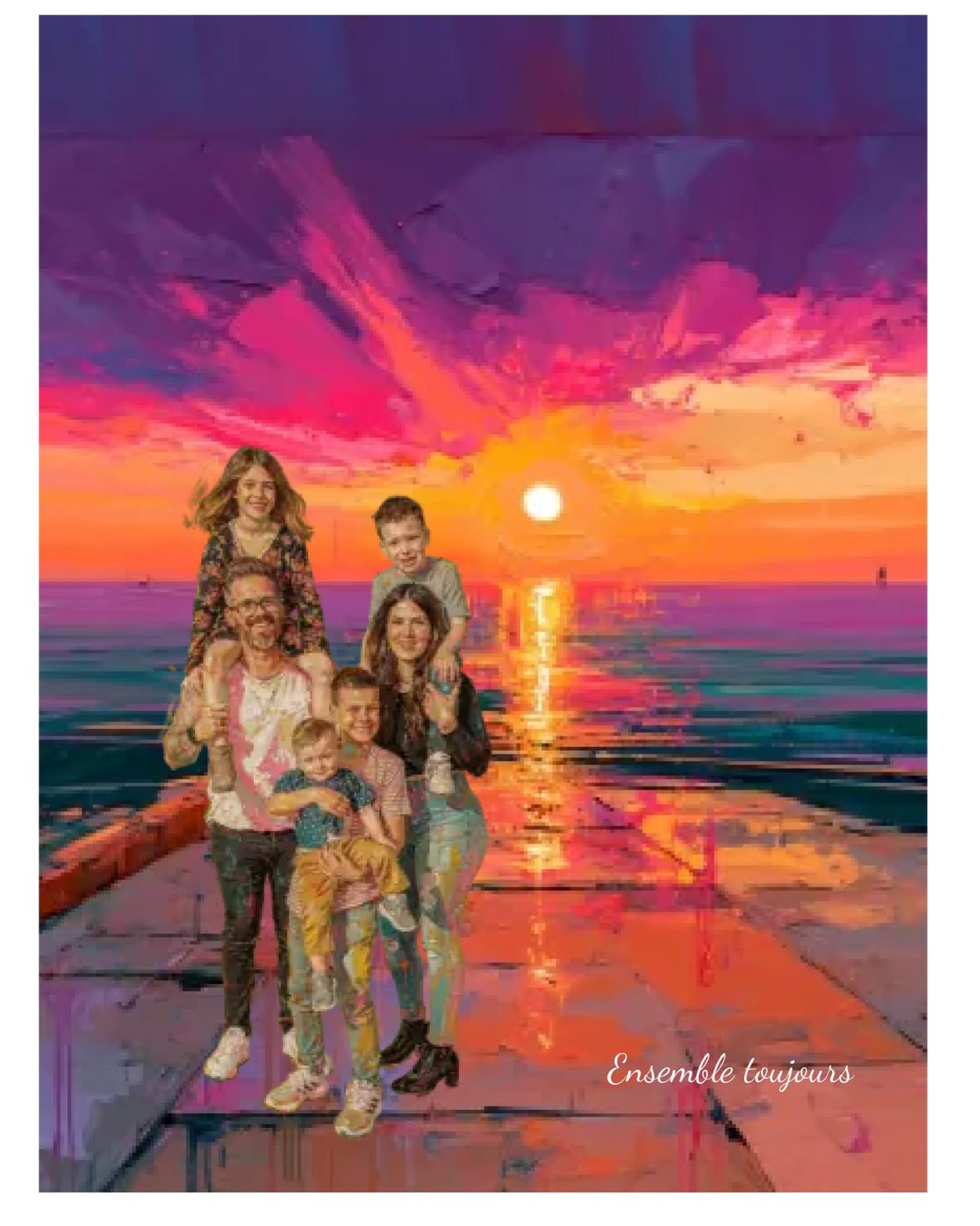 Affiche personnalisée - Votre photo famille en illustration couché de soleil au bord de mer