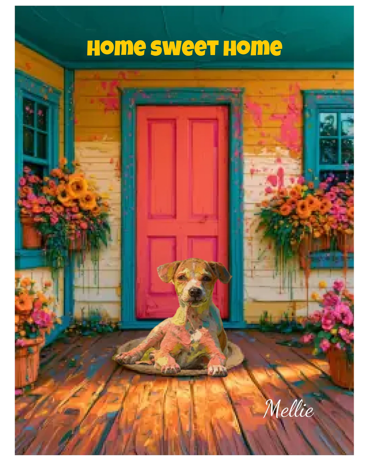 Affiche personnalisée  - Votre chien  en illustration devant la maison